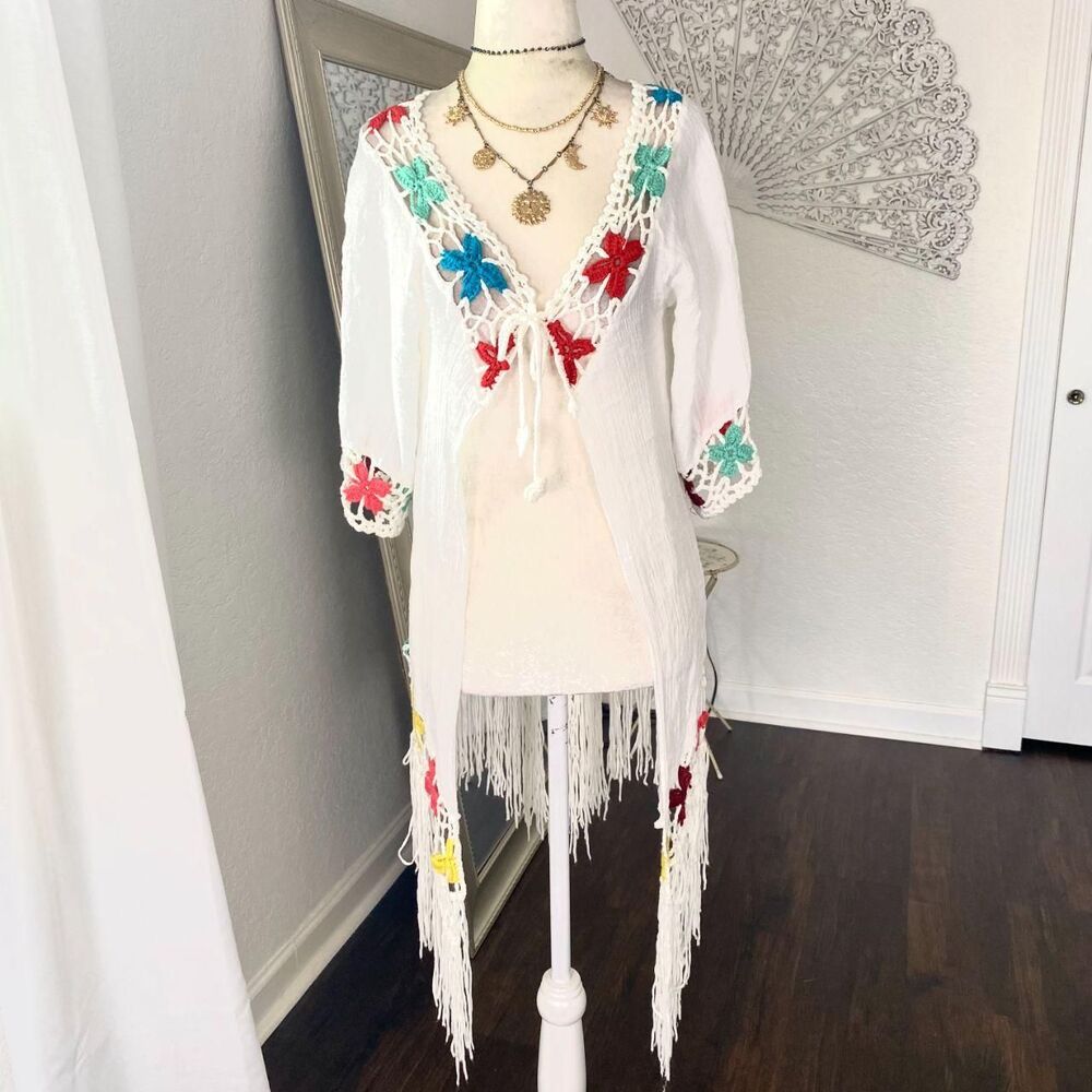 Sweet Closet White Multi Flower Crochet Front Tie Fringe Boho Cardigan M